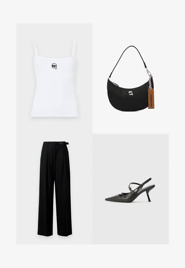 Baltas raukšlėtas liemenukas su plonomis petnešomis, priekyje su siuvinėta juoda animacinio veido, dėvinčio saulės akinius, detalė. Minkšta audinio tekstūra.; Juodos plačios kojų kelnės su aukštu liemeniu, priekinėmis klostėmis ir diržu su sagtimi. Pagamintos iš lygaus, lengvo audinio.; Juodi odiniai slingback kulniukai su smailiu pirštu, siauru kulnu ir dekoratyvine sagtimi viršuje. Lygus paviršius ir elegantiškas dizainas.; Juodas odinis rankinės su grublėta tekstūra, išlinkusia forma, viršutiniu užtrauktuku, sidabrinėmis detalėmis ir rudąja etiketė. Pabrėžtas logotipo akcentas.