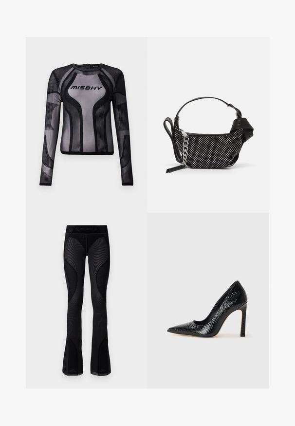 Must mustritelgiga mustiga mustriga mustriga geomeetrilse mustriga mustriga mustriga peaks töötlusega "MISBHV". ; Mustad võrkmaterjaliga flared retuusid, millel on tekstuuritud detailid ja mustrilised siseküljed. Omab kõrget vööosa, millel on ülemisel serval brändi logo.; Mustan teravaotsaga kõrge kontsaga king, millel on krokodillimustriga tekstuur, stiilne disain, kõrge stilettokonts ja sile must sisesisustus.; Must must have must päris omadused kobaraga nahast käekott, millel on nurgeliselt kaunistused, ketiraam ja sile nahast käepide, ümmargune kuju ja tõmblukuga tasku.