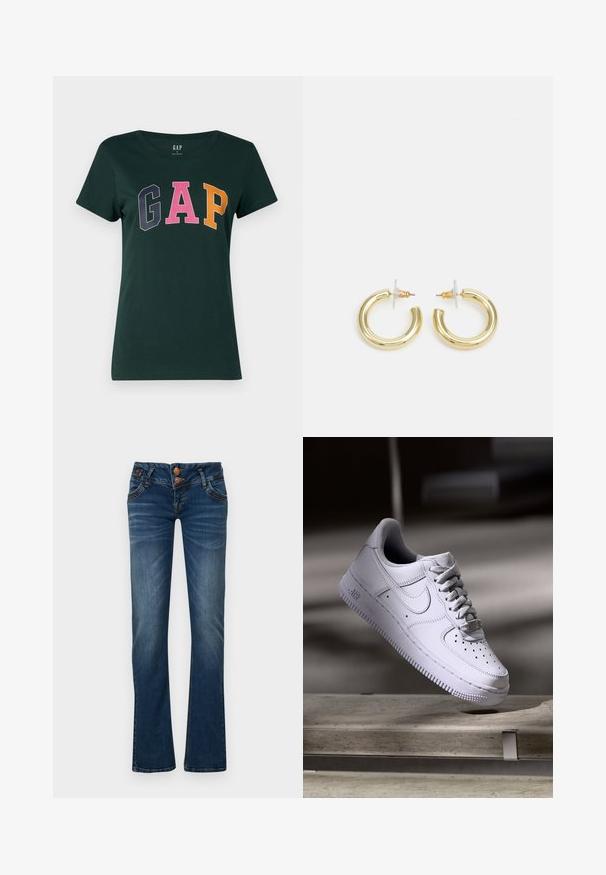 Temno zelena bombažna majica s klasičnim ovratnikom, ki vsebuje besedo "GAP" v velikih večbarvnih črkah: mornarsko modra, roza in oranžna.; Temno modri bootcut jeans z dvema sprednjima gumboma, petimi žepi in subtilnim zbledenjem na stegnih in kolenih.; Bela superga Nike Air Force 1, ki lebdi nad betonsko površino s sencami v minimalističnem okolju.; Zlate uhane v obliki obročkov z gladko, sijočo površino. Krožna zasnova s majhnim nosilcem in prozornim podplatom za varno nošenje.