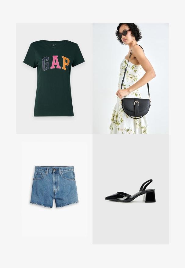 Tumedat roheline puuvillane t-särk ümmarguse kaelusega, millel on sõna "GAP" suurtes mitmevärvilistes plokk-tähtedes: tumesinine, roosa ja oranž.; Heledad teksapüksid helesinisena, millel on viis taskut, tõmblukk ja nööpkinnitus. Varrukad on lõdvenenud ja servad on kulunud.; Mustad musta lakknahk kingad, millel on terav varvas ja geomeetriline plokkkonts. Omab elegantselt minimalistlikku disaini ja sujuvat tekstuuri.; Mustmust mustraha kõverate joontega, eemaldatava rihmaga ja kuldsete detailidega. Kotil on klapp, millel on pandladetail.