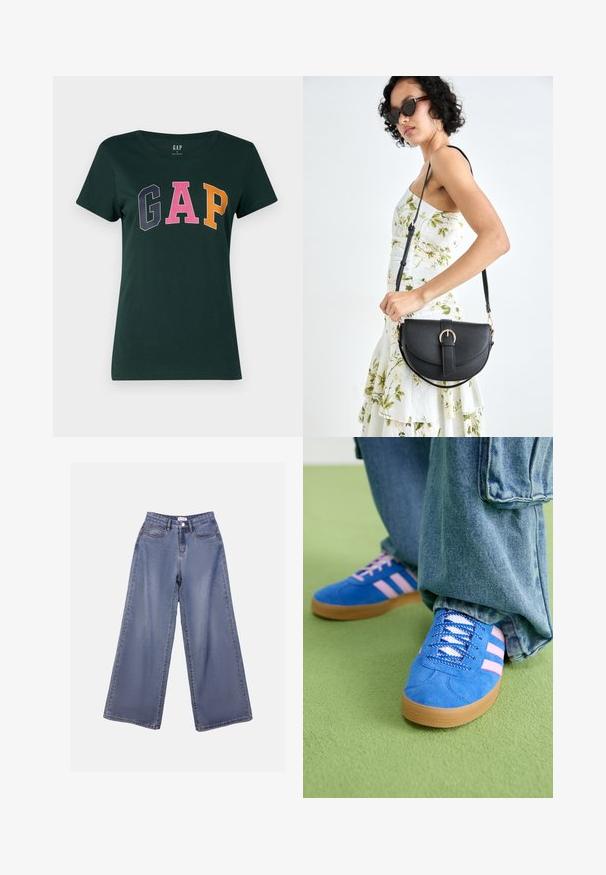 Dark green cotton t-shirt with a crew neckline, featuring the word "GAP" in large, multicolored block letters: navy blue, pink, and orange.; Wide-leg denim jeans in a light blue wash, featuring a high waist, front pockets, and a button closure with belt loops.; Blue suede shoes with pink stripes and white laces, featuring a gum rubber sole, paired with loose denim pants on a green surface.; Black leather handbag with a curved shape, detachable strap, and gold hardware. The bag features a flap with a buckle detail.