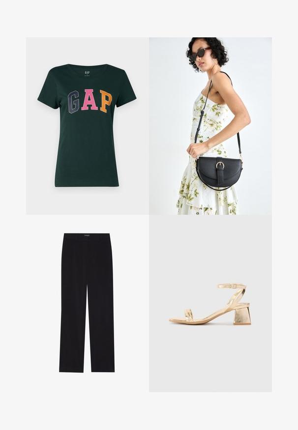 Tricou din bumbac de culoare verde închis, cu guler rotund, având cuvântul "GAP" scris cu litere mari și multicolore: albastru închis, roz și portocaliu.; Pantaloni din cord din culoare neagră, cu croială dreaptă, având un brâu plat și fără buzunare vizibile, textură netedă și detalii cu fante verticale.; Sandal cu toc metalizat auriu, cu un toc bloc unghiular, două curele deasupra piciorului și o curea ajustabilă la gleznă. Textură netedă.; Geantă din piele neagră, cu o formă curbată, curea detașabilă și accesorii aurii. Geanta are un capac cu un detaliu tip cataramă.; Cercei din metal de culoare aurie cu un design elegant și curbat. Prezintă o formă distinctivă, ascuțită, o suprafață lustruită și un sistem de închidere cu balama.