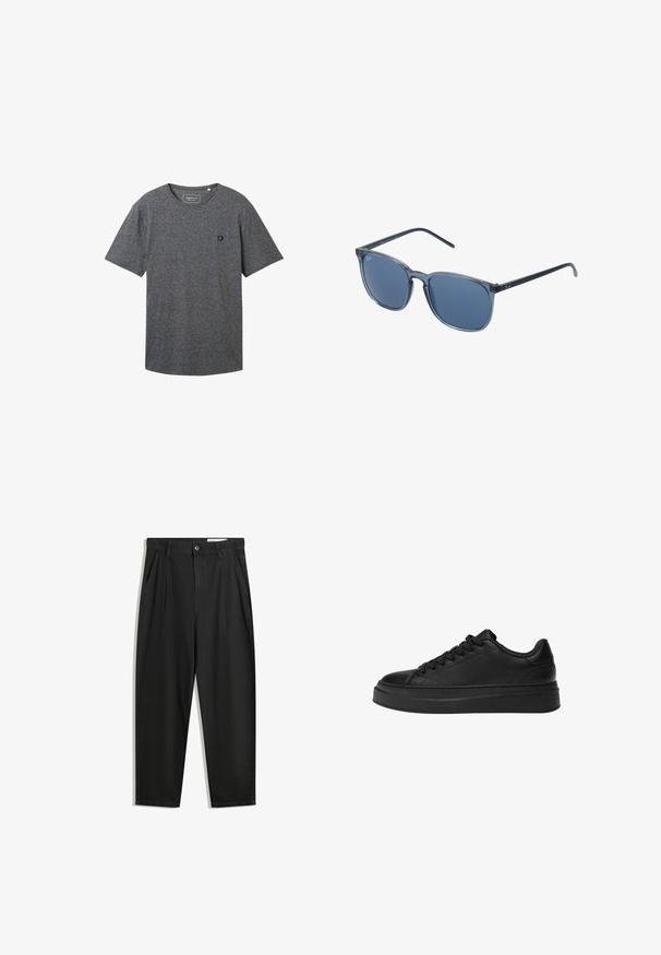 TOM TAILOR DENIM OPEN EDGE MELANGE - T-paita - black; Mustat puuvillahousut rentoa mallia, joissa on klassinen vyötärö, etukangastukset ja sivutaskut. Sileä pinta ilman kuvioita.; Musta lenkkari, joka on valmistettu sileästä nahasta, pyöreällä kärjellä, paksulla platform-pohjalla ja perinteisellä nauhakiinnityksellä, jossa on kuusi reikää.; Siniset suorakaiteen muotoiset aurinkolasit, joissa on harmaasävyiset linssit, muovikehys, metalliset yksityiskohdat ja matta viimeistely varsissa.