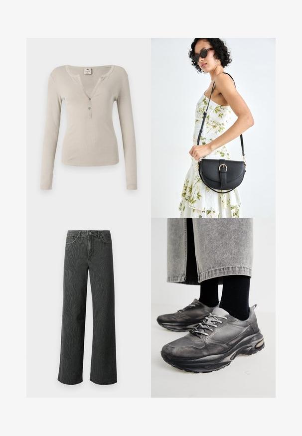 Top de manga longa bege com textura canelada, decote em V e fecho frontal com três botões. Design simples e ajustado.; Calças de perna larga em denim cinza escuro, apresentando uma textura sutil de padrão zebra, costura em contraste e um design de cinco bolsos com fecho de botão.; Sapatilhas atléticas pretas e cinzentas apresentam um upper em malha, solas espessas e atacadores. Têm um bico arredondado e detalhes de amortecimento visíveis.; Bolsa de couro preta com forma curva, alça destacável e detalhes em dourado. A bolsa possui uma aba com detalhe de fivela.