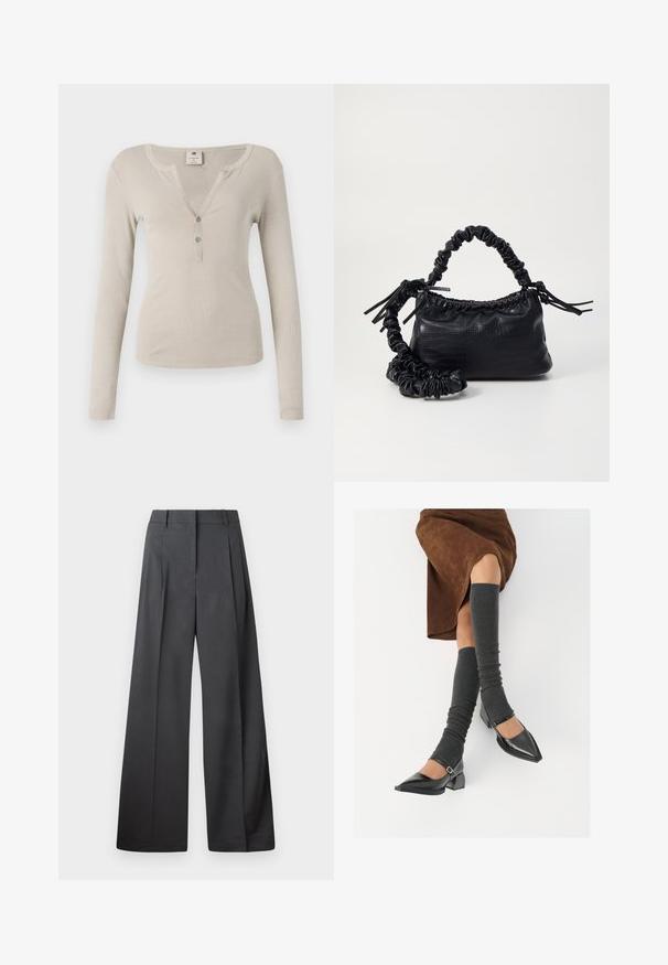 Langermet beige topp med ribbestrikket tekstur, V-hals og tre knapper foran. Enkel, tettsittende design.; Vide bukser i mørkegrått stoff med høy livlinje, enkel press, og en glatt tekstur med en ren finish på ermekantene.; Sorte lakkpumps med spiss tå, blokkhel, og ankelstropp, kombinert med grå ribbestrikkede beinvarmere og et brunt semsket skinn skjørt.; Svart faux skinn-håndveske med krokodilletekstur, strammet topp og en rynket stropp. Ser myk og kompakt ut i designen.