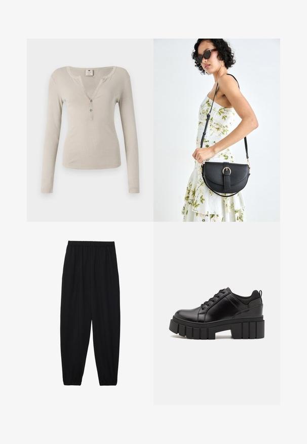 Top de manga longa bege com textura canelada, decote em V e fecho frontal com três botões. Design simples e ajustado.; Calças pretas, leves, com um cinto elástico e punhos franzidos. O tecido é suave e apresenta um design relaxado e afunilado.; Sapatos de plataforma em couro preto com um salto bloco robusto, bico redondo e design clássico de atacadores. Apresentam uma textura suave e detalhes mínimos.; Bolsa de couro preta com forma curva, alça destacável e detalhes em dourado. A bolsa possui uma aba com detalhe de fivela.