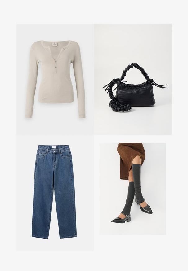 Beige Langarmoberteil mit gerippter Textur, V-Ausschnitt und drei Knöpfen vorne. Einfaches, tailliertes Design.; Klassische blaue Denim-Jeans mit geradem Bein, fünf Taschen und Knopfverschluss. Sie verfügen über eine mittelblau gewaschene Optik und sind aus robuster Textur.; Schwarze lacklederne spitze Schuhe mit Blockabsatz und Knöchelriemen, kombiniert mit grauen gerippten Beinstulpen und einem braunen Wildlederrock.; Schwarze Handtasche aus Kunstleder mit Krokodilstruktur, gerafftem oberen Teil und einem geschoppten Tragegurt. Sie wirkt weich und kompakt im Design.