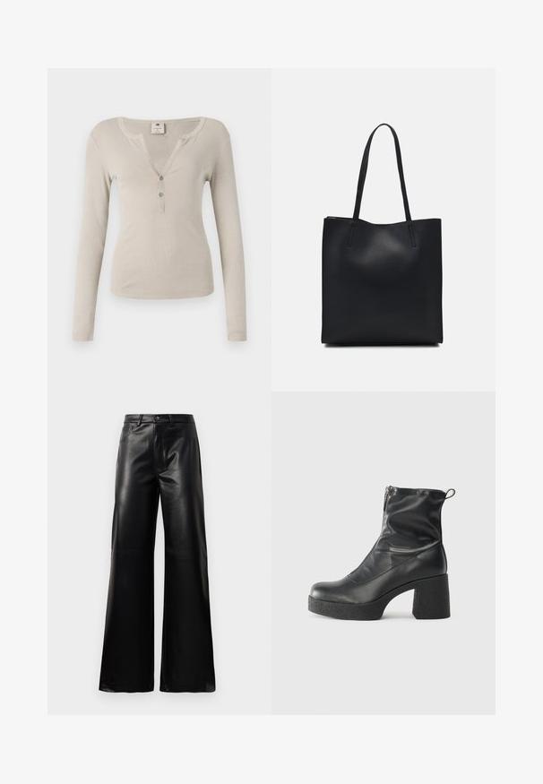 Bež majica s dolgimi rokavi, rebrasto teksturo, V-izrezom in tremi gumbi na sprednjem delu. Preprosta, prilegajoča se zasnova.; Črne široke hlače iz umetnega usnja z visokim pasom, sprednjim gumbom, zadrgo, zanke za pas in stranskimi žepi na beli podlagi.; Črne gležnjarje iz gladke kože z božnim zadrgo, masivnim teksturiranim peto in zaobljeno obliko prstov.; Črna usnjena torba s svilnato teksturo, pravokotne oblike in dvema dolgima ročajema. Brez vidnih metalnih delov ali okrasnih elementov.