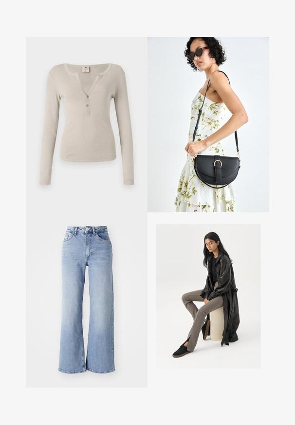 Top bej cu mânecă lungă, cu o textură tricotată, decolteu în V și închidere cu trei nasturi în față. Design simplu și ajustat.; Jeans wide-leg de culoare albastru deschis cu talie înaltă, dotate cu buzunare frontale și spate, închidere cu buton și decolorare subtilă pe coapse și margini.; Trench coat din piele neagră, top negru ajustat, pantaloni bej ajustați și adidași negri. Modelul stă pe un cub, având părul lung și drept.; Geantă din piele neagră, cu o formă curbată, curea detașabilă și accesorii aurii. Geanta are un capac cu un detaliu tip cataramă.