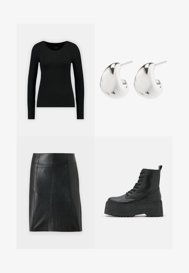 Must mustärg pikkade varrukatega särk, mis on valmistatud ribakudumist. Omab ümmargust kaelust ja kehaõiget siluetti. Lihtne disain, ilma mustrite või aktsentideta.; Mustast nahast seelik, millel on kohandatud disain. Sile tekstuur, õmblused, mis rõhutavad vormi, ja sirge äär. Minimalistlik ja stiilne välimus.; Mustad mustad kingad paksu platvormi tallaga, valmistatud siledast nahast, nööpide ja taga tõmbeauguga.; Hõbedased kõrvarõngad, millel on sile, kumer disain. Need on viimistletud poleeritud pinnaga ja neil on kinnituseks post tagasi, tagades kindla kandmise.