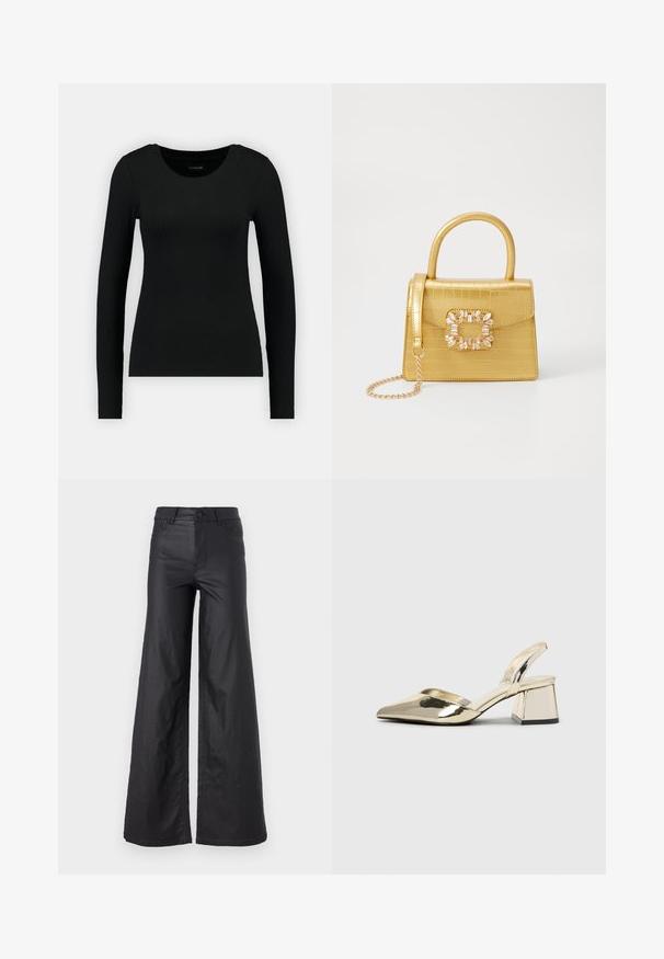 Cămașă neagră cu mâneci lungi, fabricată dintr-un material ribat. Dispune de un guler rotund și o siluetă ajustată. Design simplu, fără modele sau accente.; Pantaloni negri, cu picioare largi, dintr-un material de piele ecologică. Prezentază talie înaltă, bucle pentru curea, două buzunare frontale și detalii cusute.; Pantofi cu toc slingback metalici aurii, cu vârf ascuțit și toc chunky. Textură netedă, design minimalist și o curea subțire.; Geantă galbenă din faux-crocodil cu un design structurat, mână superioară, curea detașabilă cu lanț și embellisment decorativ cu cristale pe închidere.; Cercei din metal de culoare aurie cu un design elegant și curbat. Prezintă o formă distinctivă, ascuțită, o suprafață lustruită și un sistem de închidere cu balama.