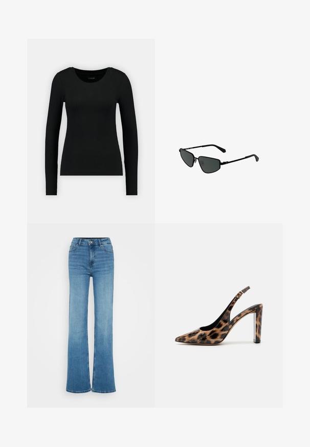 Musta pitkähihais shirt ribbed-kankaasta. Ominaisuudet: pyöreä pääntie ja istuva siluetti. Yksinkertainen muotoilu ilman kuvioita tai korostuksia.; Korkeavyötäröiset siniset farkut, joissa on leveät lahkeet, sileä pinta, edessä olevat taskuompeleet ja raaka helma lahkeiden suuaukkojen kohdalla.; Sandaali leopard-kuvioisella varrella, jossa on terävä nenä ja läpinäkyvä lohko korko. Valmistettu kiiltävästä materiaalista, jolla on sileä pinta.; Mustat metalliset aurinkolasit, joissa on kulmikkaat kehykset ja tummat linssit. Sisältää ohuet, suorat varret ja nenätyynyt varman istuvuuden takaamiseksi.