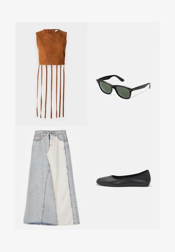 Brūns zamšs īsais tops ar apaļu dekoltē un aizmugurējo rāvējslēdzēju, ar garām vertikālām frizēm gar apakšmalu.; Džinsu svārki ar aplicējumu dizainu, kas sastāv no gaiši un vidēji zilo daļu, ar nodilušiem malām un augsto jostu. Klasiskā piecu kabatu stilā.; Melna ādas baleta kurpe ar noapaļotu purngalu, gludu tekstūru, minimālu šuvju detalizāciju un elastīgu zoles dizainu.; Melnas plastmasas saulesbrilles ar zaļiem lēciem, kvadrātveida rāmjiem, sudrabainu akcentu uz uzacīm un teksturētām tempļu kājām. Zīmols norādīts uz iekšējās kājas.