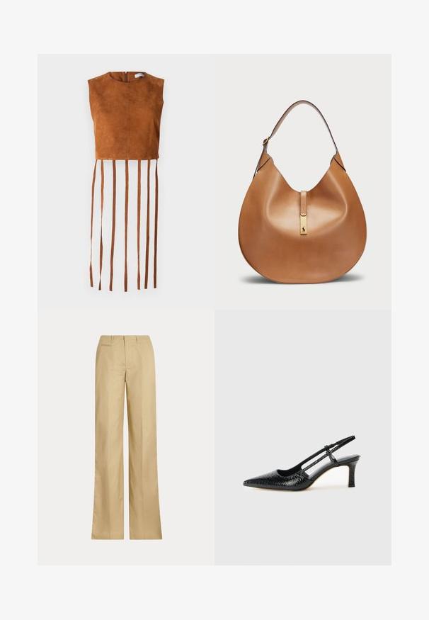 Top cropped in suede marrone con scollo rotondo e zip sul retro, caratterizzato da lunghi dettagli in frange verticali lungo l'orlo.; Pantaloni beige a gamba larga realizzati in cotone morbido, con una vita classica e una tasca sul retro, presentano una linea dritta e dettagli minimi.; Slingback con tacco in vernice nera con punta affusolata, caratterizzato da una stampa a serpente testurizzata, cinturino regolabile e un tacco corto e testurizzato.; Borsa a tracolla in pelle color cuoio dalla forma curvata e con una larga tracolla. Presenta un accento in metallo dorato al centro e una superficie liscia.