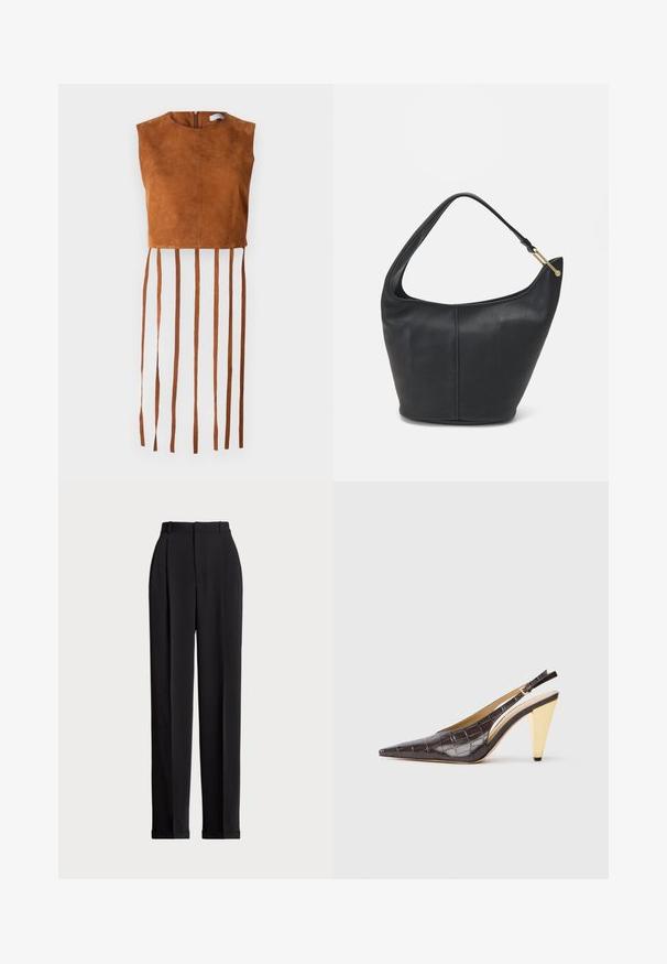 Brown suede crop top with a round neckline and a back zipper, featuring long, vertical fringe detailing along the hem.; Black tailored trousers with a high waist, featuring pleats at the front, a straight leg design, and a cuffed hem. Made from smooth fabric.; Pointed-toe slingback heel in dark brown glossy faux crocodile leather. Features a gold-tone geometric heel and adjustable ankle strap.; Black leather handbag with a rounded shape, a wide strap, and a textured finish. Features a subtle seam detail and a gold-tone hardware accent.