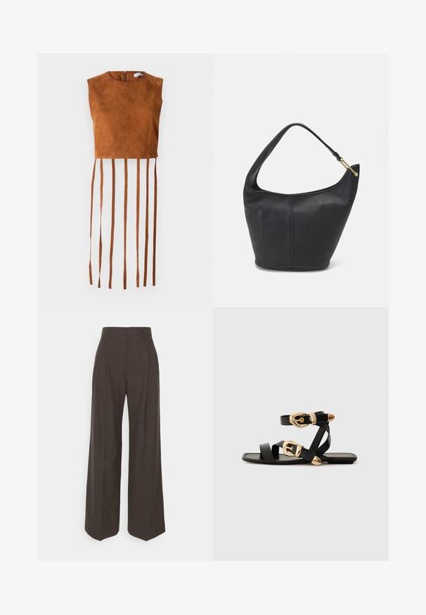 Brūns zamšs īsais tops ar apaļu dekoltē un aizmugurējo rāvējslēdzēju, ar garām vertikālām frizēm gar apakšmalu.; Tumši brūni platajiem galiem bikses ar augstu jostasvietu, kas pieejamas ar uzmanīgi presētām krokām, gludu tekstūru un pielāgotu piegriezumu.; Melni ādas sandales ar zelta sprādzēm, ar vairākām siksnām un plakanu zoli, piemērotas valkāšanai ar atvērtu purngala.; Melnas ādas rokassomi ar noapaļotu formu, platu siksnu un strukturētu apdari. Iezīmējas ar nelielām šuvju detaļām un zelta tonī izstrādātu aparatūru.