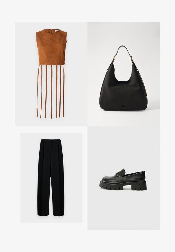 Rjav semiš crop top z okroglo izrezom in zadrgo na hrbtu, ki ima dolge, vertikalne frinčeve detajle ob robu.; Črne široke hlače z visokim pasom, ki vključujejo naborke in gladko teksturo. Tkanina se zdi lahka in elegantno pada.; Črne usnjene loaferje z debelim podplatom, ki imajo zlatoten naglas na sprednji strani in gladko površino. Debela oblika profila na podplatu.; MICHAEL Michael Kors NOLITA HOBO  - Torbica - black