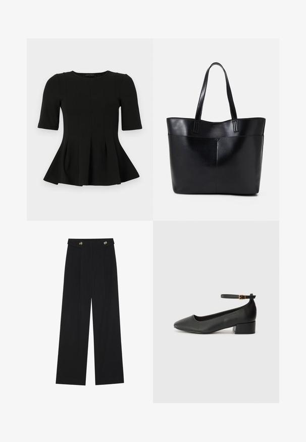 Czarna bluzka peplum z krótkim rękawem, okrągłym dekoltem i pionowymi szwami, prezentowana na białym tle.; Czarne szerokie spodnie z wysokim stanem, z detalami w postaci guzików na pasku oraz plisami z przodu.; Czarne skórzane szpilki z ostrym noskiem i niskim słupkowym obcasem. Wyposażone w pasek na kostkę z złotym zapięciem. Gładka tekstura.; Czarna skórzana torba na ramię z dwoma długimi uchwytami, gładką teksturą i sztywną formą. Posiada przednią kieszeń dla dodatkowego przechowywania.
