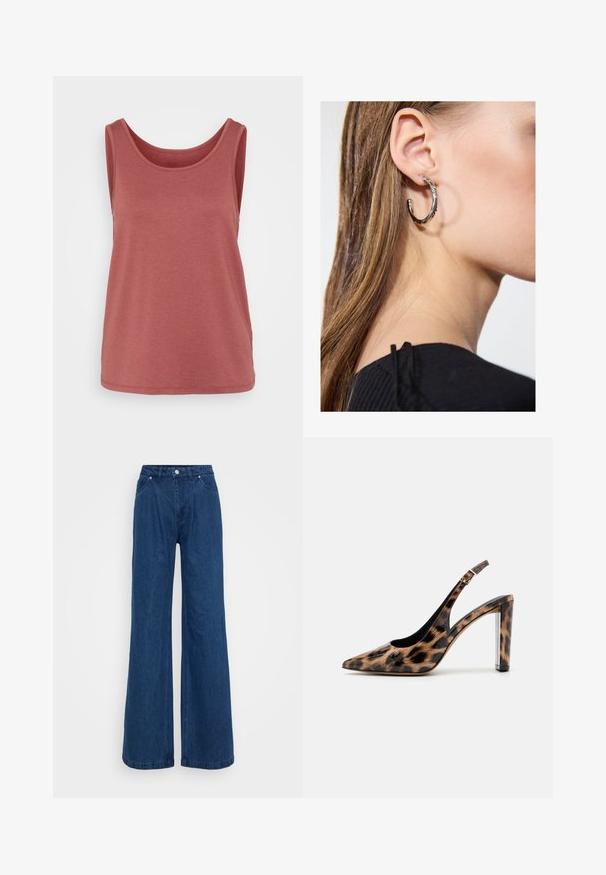 Roze tanktop van zacht katoen, met een ronde halslijn, mouwloos ontwerp en een iets losse pasvorm met een afgewerkte onderkant.; Blauwe denim jeans met wijde pijpen en een hoge taille, voorzien van een knoop- en ritssluiting aan de voorkant, en voor- en achterzakken op een effen achtergrond.; Leopardprint slingback pump met een spitse neus en een transparante blokhak. Gemaakt van glanzend materiaal met een gladde textuur.; Zilveren oorbel met een gepolijste afwerking, met kleine gouden accentdetails en een ronde vorm, gedragen op de oorlel.