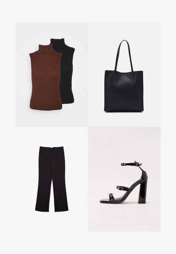 VILA VIFELIA 2 PACK - Top - black/chocolate; Černé kalhoty s rovným střihem, s předními kapsami a bočními rozparky na lemu. Vyrobené z jemné, hladké tkaniny. Vhodné na různé příležitosti.; Černé lakované sandály na podpatku se čtveratou špičkou, lýtkovými pásky a stříbrnými přezkami. Disponují masivním blokovým podpatkem pro stabilitu.; Černá kožená taška přes rameno s hladkým povrchem, obdélníkovým tvarem a dvěma dlouhými uchy. Žádné viditelné kování ani ozdoby.