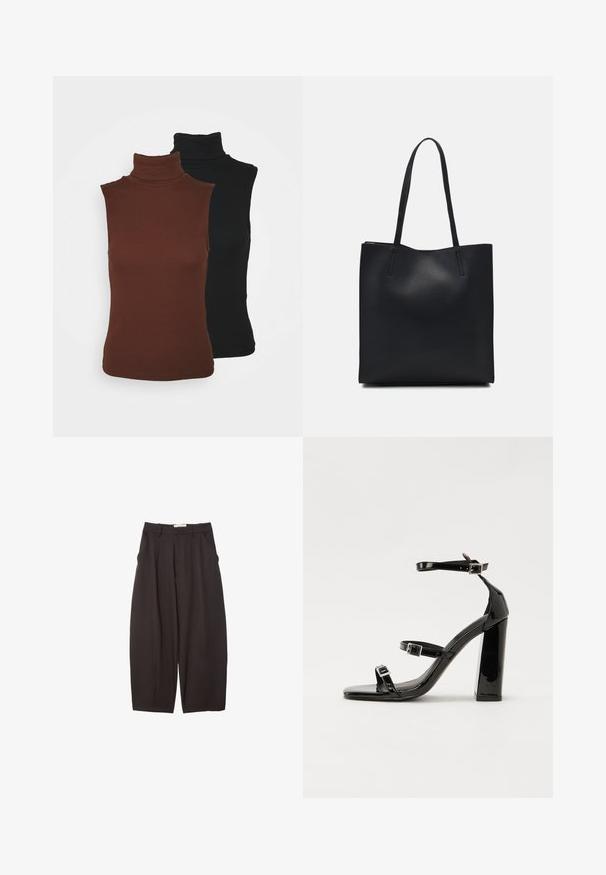 VILA VIFELIA 2 PACK - Top - black/chocolate; Čierne široké nohavice vyrobené z hladkej tkaniny, s vysokým pásom, prednými skladmi a bočnými vreckami. Jednoduchý dizajn bez ozdôb.; Čierne lakované sandále na podpätku so štvorcovou špičkou, navlečenými remienkami okolo členku a striebornými prackami. Disponujú masívnym blokovým podpätkom pre stabilitu.; Čierna kožená taška na rameno s hladkým povrchom, obdĺžnikovým tvarom a dvoma dlhými uchami. Bez viditeľného kovania alebo ozdôb.