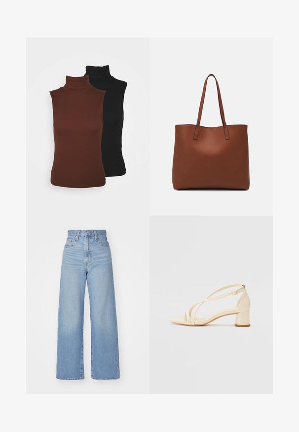 VILA VIFELIA 2 PACK - Top - black/chocolate; Jeans a vita alta blu chiaro con gamba larga, chiusura frontale con bottone e zip, tasche anteriori e posteriori, su uno sfondo bianco.; Sandali con tacco beige a blocco, design con cinturini, e cinturino alla caviglia regolabile, realizzati in materiale sintetico liscio con finitura opaca.; Borsa tote in pelle marrone con texture liscia, design con apertura superiore e due spallacci. Presenta cuciture minime e nessun hardware visibile.
