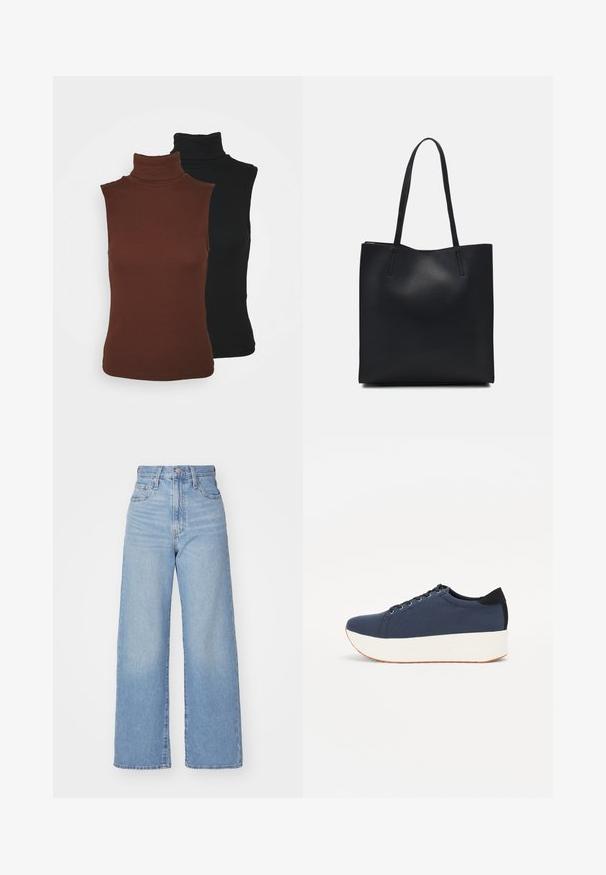 VILA VIFELIA 2 PACK - Tops - black/chocolate; Gaiši zili augstās jostas vidukļa platās bikses ar priekšējo pogu un rāvējslēdzēju, priekšējām un aizmugurējām kabatām uz baltā fona.; Navy zilo apavi ar strukturētu auduma augšdaļu, baltu platformas zoli, noapaļotu pirkstu daļu un melnu papēža akcentu. Iekļautas sešas acs caurumi šnuķēšanai.; Melnas ādas somiņa ar gludu tekstūru, taisnstūra formu un divām garām rokturiem. Nav redzamu aparatūras vai rotājumu.