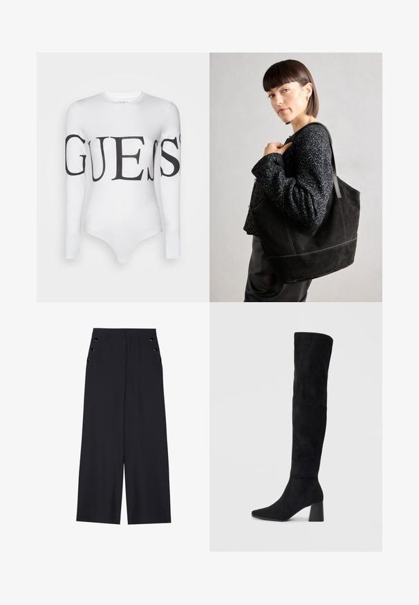 Witte lange mouwen bodysuit van stretchy materiaal met een groot zwart 'GUESS' logo op de borst en mouwen.; Zwarte wijde broek in donkerblauw materiaal, met een gladde textuur, voorplooien en decoratieve goudkleurige ogen op de zijzakken.; Zwarte suède kniehoge laars met blokhak, spitse neus en een glad, naadloos ontwerp op een effen lichte achtergrond.; Zwarte suede schoudertas met een gladde textuur, gestructureerde vorm en contrasterende stiksels. Voorzien van lange hengsels voor schouderdraag.