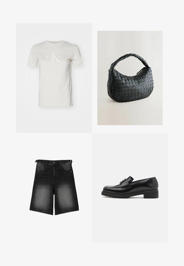 Bílá bavlněná tričko s kulatým výstřihem a krátkými rukávy. Na přední straně je jemné logo ve světlé šedi: "CK Calvin Klein Jeans."; Černé džínové šortky s vyšisovaným vzhledem, pěti kapsami, knoflíkovým zapínáním a poutky na opasek. Materiál má hladkou texturu.; Černá leštěná kožená mokasína s nízkým blokovým podpatkem, šitým špičkou a kovovým detailem s přezkou na vršku, znázorněná v bočním profilu na bílém pozadí.; Černá tkaná kabelka s kulatým tvarem, texturovaným povrchem a silným pleteným držadlem. Zahrnuje zipové zavírání pro bezpečné uložení.