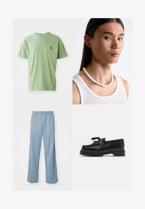 Lys grønn bomull T-skjorte med rund hals, korte ermer og et lite firkantet merke på venstre bryst. Myk tekstur.; Carhartt WIP BOLAN PANT - Joggebukse - dusty ice/positano; Svart skinn loafers med en kvastdetalj, med en tjock svart sula och gul sömnad längs kanten. Texturerad yta.; Hvit skjellkjede bestående av uregelmessige former, båret over en tettsittende hvit tanktop. Glatt tekstur med subtil glans, tettsittende design.
