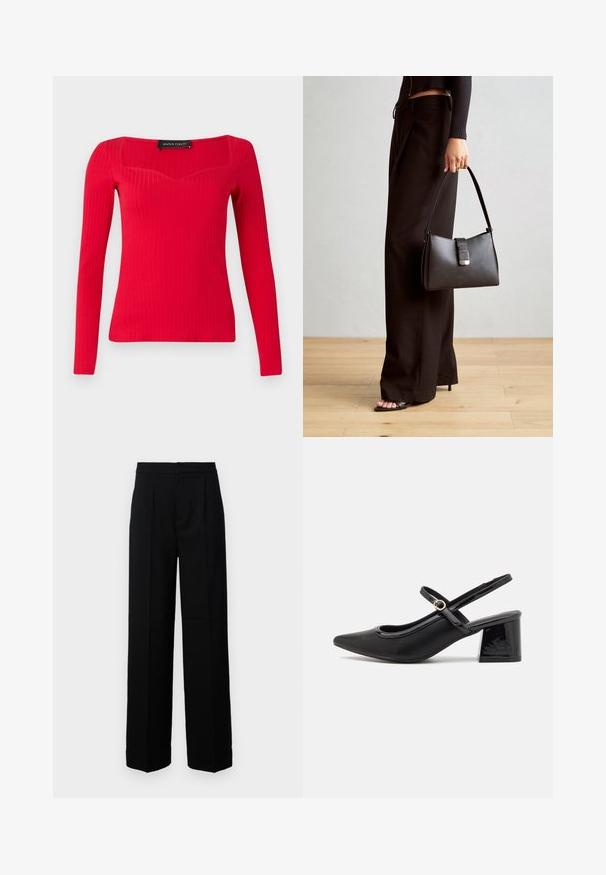 Rotes, geripptes Langarmoberteil mit Quadrat-Ausschnitt und subtiler Herzform. Hergestellt aus dehnbarem Stoff für eine figurbetonte Silhouette.; Schwarze weite Hosen mit glatter Textur, mit flacher Vorderseite, Falten und maßgeschneidertem Bund. Keine sichtbaren Beschläge oder Muster.; Schwarze Lackleder-Slingback-Absätze mit spitzer Zehenform, einem runden Ausschnitt-Design und einem Blockabsatz. Mit einem goldfarbenen Schnallenakzent.; Schwarze Handtasche mit strukturierter Form, glatter Textur und einem metallischen Verschluss. Kombiniert mit weiten schwarzen Hosen und offenen Sandalen auf einem Holzboden.
