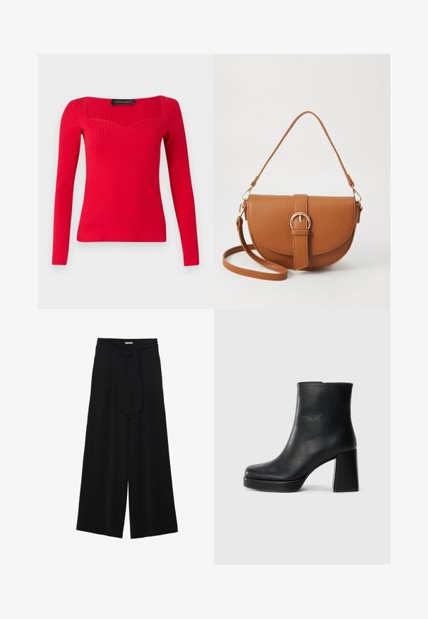 Rød ribbet langærmet bluse med firkantet halsudskæring og subtil hjerteform. Fremstillet af strækbart stof for en tætsiddende silhuet.; Sorte vide bukser i en tekstureret stofkvalitet, med elastisk talje og et aftageligt bånd i taljen for justerbar pasform.; Sort læder ankelstøvle med blokhæl og platformssål, set fra siden på en ensfarvet hvid baggrund.; Brun læder crossbody taske med en buet form, guldfarvet hardware og en spændeaccent. Har en aftagelig skulderrem.