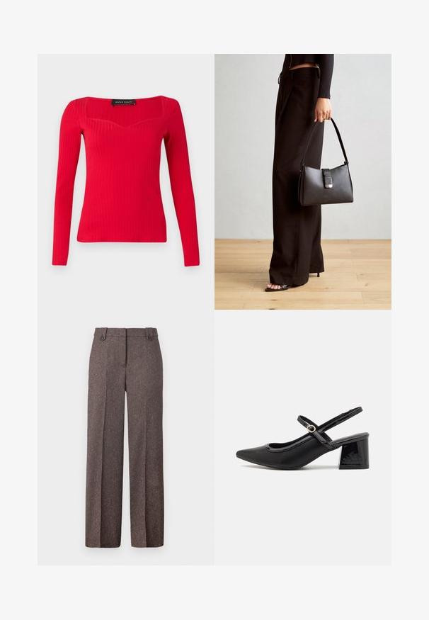 Rode geribbelde lange mouwen top met een vierkante halslijn en een subtiele sweetheart-vorm. Gemaakt van rekbaar materiaal voor een getailleerde silhouet.; Bruine wijde broek van gestructureerde stof. Heeft twee voorzakken en een op maat gemaakte pasvorm met twee knopen op de tailleband.; Zwarte gepolijste leren slingback hakken met een spitse neus, een ronde uitsnede en een blokhak. Voorzien van een gouden gespaccent.; Zwarte handtas met gestructureerde vorm, gladde textuur en een metalen sluiting. Gecombineerd met brede zwarte broeken en sandalen met open teen op een houten vloer.