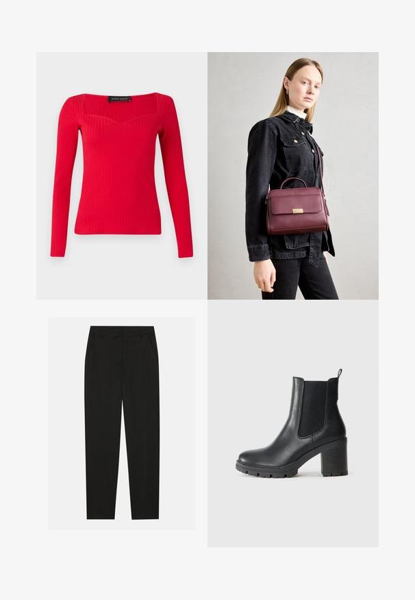 Top longo de manga com riscas vermelhas, com um decote quadrado e uma forma discreta de coração. Feito de um tecido elástico para um silhueta ajustada.; Calças pretas com um design ajustado, apresentando bolsos laterais e pernas retas. Feitas de um tecido suave e leve com um acabamento elegante.; Bota de tornozelo em couro preto com painéis laterais elásticos, sola de borracha robusta e um salto bloco alto. Apresenta uma alça na parte de trás.; Bolsa de couro bordô com fecho dourado, formato estruturado, pega superior e alça de ombro ajustável. Modelo usa uma jaqueta de ganga.