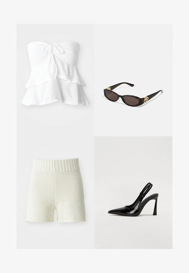 White strapless top featuring a fitted bodice with a tie at the front and layered ruffles at the hem, made from soft, lightweight fabric.; Knit shorts in off-white with a ribbed waistband, featuring a texture contrast between the top and bottom sections, hemmed edges.; Black patent leather slingback pump with pointed toe, slender high heel, and dual elastic strap for secure fit. Smooth, shiny surface.; Tortoiseshell sunglasses with elongated oval lenses, brown tint, gold logo accents on temples, and sleek black arms.; Curved cream leather handbag with a single strap, gold hardware, and subtle branding at the bottom. Zipper closure along the top edge.