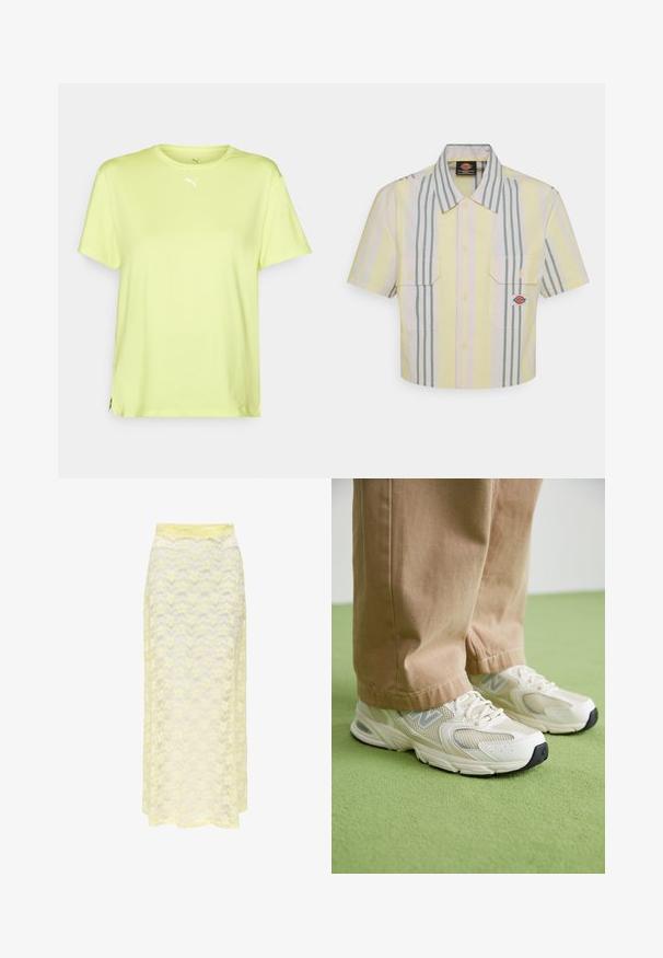 Lys gul T-shirt med korte ærmer lavet af letvægtsmateriale. Har rund halsudskæring og et lille hvidt logo på brystet.; Kraftig kortærmet skjorte i lysegul med lodrette grønne og pastelfarvede striber. Har to brystlommer og et logo-patch på venstre lomme.; Gul blonde maxiskørt med et bølget mønster, der har en glat talje og blød, gennemsigtig struktur. Designet til en let og svajende silhuet.; Beige mesh- og syntetiske sneakers med en hvid sål, prydet med snørebånd og en grå logo detalje, på en grøn baggrund.