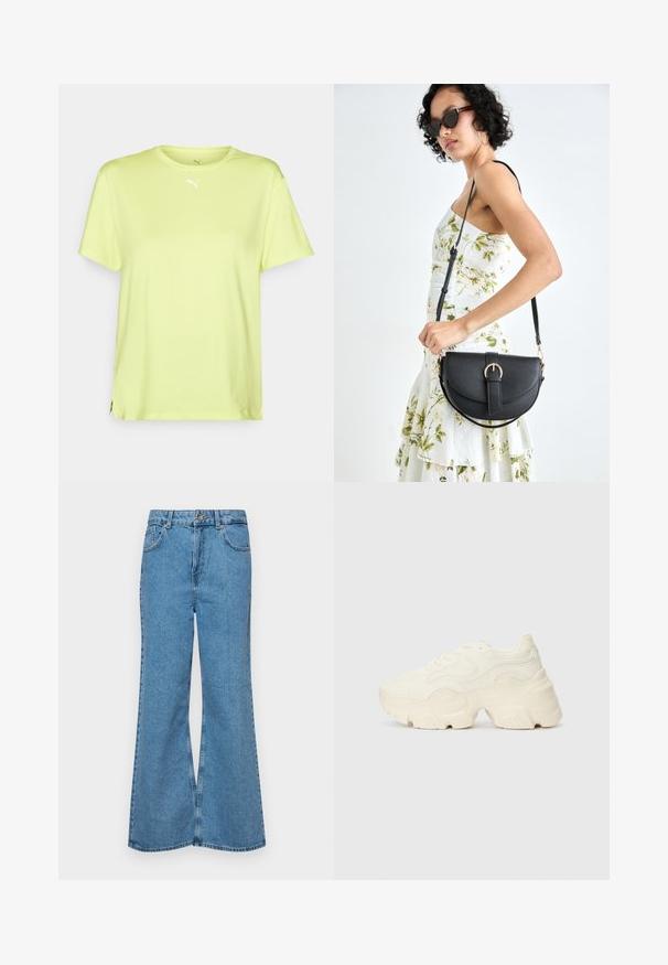 Fényes sárga, rövid ujjú póló, könnyű anyagból készült. Kerek nyakkivágással és apró fehér logóval rendelkezik a mellkason.; Világoskék, trapézszárú farmernadrág, magas derékkal, öt zsebbel és egy gombos záródással. Puha tapintású, magasított effektusú anyag.; Tömbös fehér sneakers, amely texturált hálóból és szintetikus anyagokból készült, vastag talppal és bonyolult mintázattal az oldalakon.; Fekete bőrtáska ívelt formával, levehető pánttal és arany színű fémrészekkel. A táskán egy csattal díszített fedél található.