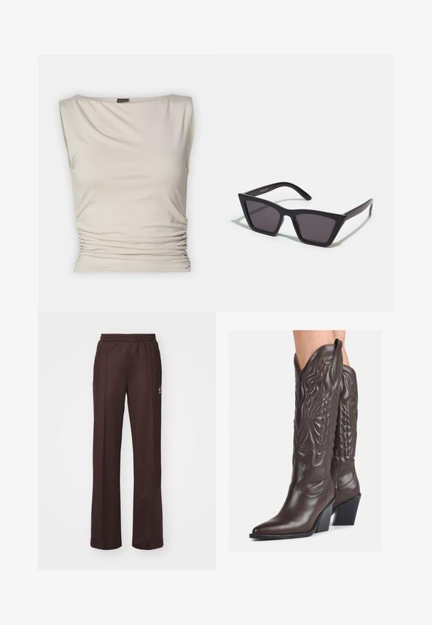 Gina Tricot SOFT TOUCH BOATNECK TOP - Top - pumice stone; Hnedé športové nohavice s elastickým pásom, dvoma bočnými vreckami a malým logom na ľavej strane, vyrobené z mäkkej látky.; Hnedé kožené kovbojské topánky s špicatou špičkou a blokovým podrážkou, so zložitým prešívaním a vyvýšenými akcentmi na puzdre.; Čierne, ostré slnečné okuliare so sivými sklami; vyrobené z plastu, majú hrubé ramená s hladkým povrchom a bez viditeľnej mechaniky.