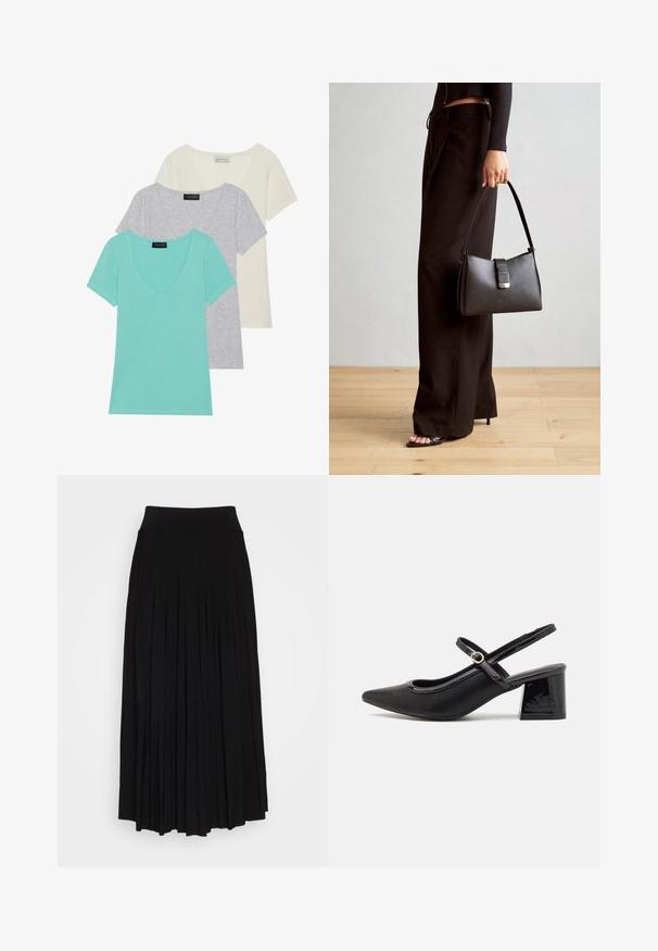 Set od tri majice kratkih rukava s V-izrezom. Boje uključuju tirkiznu, sivu i bjelkastu. Izrađene su od meke pamučne tkanine.; Crna plisirana suknja s visokim, rastezljivim pojasom. Izrađena od mekog materijala, s vertikalnim plisama koje stvaraju lepršav siluetu.; Crne lakirane slingback visoke potpetice s šiljastim vrhom, zaobljenim izrezom i blok potpeticom. Sadrži akcent zlatnog tona s kopčom.; Crna torba s oblikom koji sadrži strukturu, glađu teksturu i metalnu kopču. Uparena s širokim crnim hlačama i sandalama na otvorenom s drvenog poda.
