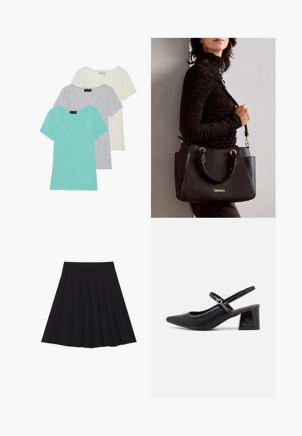 Set de trei tricouri cu mânecă scurtă, având un design cu gât în V. Culorile includ turcoaz, gri și alb murdar. Fabricate dintr-un material moale, din amestec de bumbac.; Fustă plisată neagră dintr-un material texturat, cu un elastic ajustat. Se termină la nivelul genunchiului, având o siluetă netedă și curată.; Cizme cu toc slingback din piele sintetică lacuită neagră, cu vârful ascuțit, un design cu decupaj rotunjit și toc bloc. Include un accent cu cataramă de culoare aurie.; Geantă de umăr neagră cu suprafață texturată, cu două mânere superioare și curea de umăr ajustabilă. Dispune de accesorii metalice de culoare aurie și buzunare laterale.