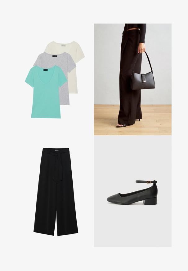 Sada tří triček s krátkým rukávem, která mají design s V výstřihem. Barvy zahrnují tyrkysovou, šedou a krémovou. Vyrobeno z měkké bavlněné směsi.; Černé kalhoty s širokými nohavicemi, vyrobené z texturované tkaniny, s elastickým pasem a odnímatelným páskem na úpravu velikosti.; Černé kožené lodičky s špičatou špičkou a nízkým blokovým podpatkem. Obsahují pásek kolem kotníku se zlatou sponou. Hladký povrch.; Černá kabelka se strukturovaným tvarem, hladkým povrchem a kovovým uzávěrem. Kombinována s širokými černými kalhotami a sandály s otevřenou špičkou na dřevěné podlaze.