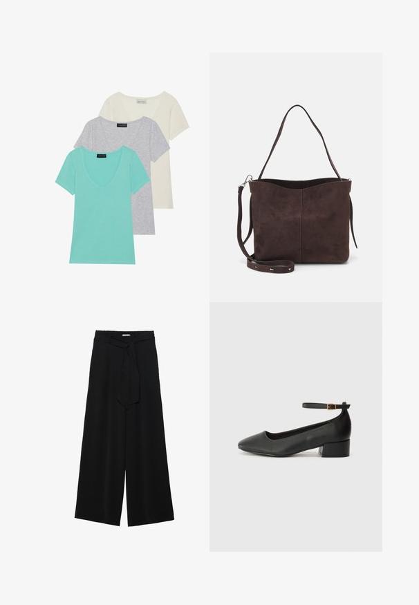 Trīs īsām piedurknēm t-krekli ar V-veida kakla dizainu. Krāsas ietver tirkīza, pelēku un neitrālu balto. Izgatavoti no mīkstas kokvilnas maisījuma auduma.; Melni platleņķa bikses ar teksturētu audumu, elastīgu jostu un noņemamu siksnu viduklī, kas nodrošina regulējamu piegulšanu.; Melnas ādas sūkņi ar smailu purngalu un zemu bloku papēdi. Iezīmēts ar potītes siksniņu ar zelta krāsas sprādzi. Gluda tekstūra.; Brūns zamšādas roku soma ar mīkstu tekstūru, aprīkota ar vienu plecu siksnu un nelielu izliekta augšējā atvēruma dizainu. Nav redzamu metāla detaļu.