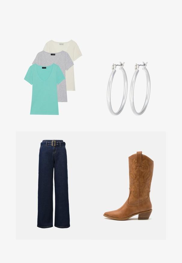 Kolme lühikese varrukaga T-särki koos V-kaeluse disainiga. Värvid: türkiissinine, hall ja kreemvalge. Valmistatud pehmest puuvillasegusest kangast.; Tumedat sinised laiad teksapüksid õmblustega taskutega ja sobiva vööga, millel on suur ristküliku kujuline kuldne kinnituskinnis.; Kohvitooni nahast cowboy-kork, millel on terav varvas, tikitud keerised varrel ja virnastatud ploki konts. Omab tõmbeava, et seda oleks lihtne jalga panna.; Hõbedased rõngaskõrvarõngad, millel on sile, läikiv viimistlus. Ümmargune kuju ja turvaline klõpsulatus. Kerge disain, sobib igapäevaseks kandmiseks.