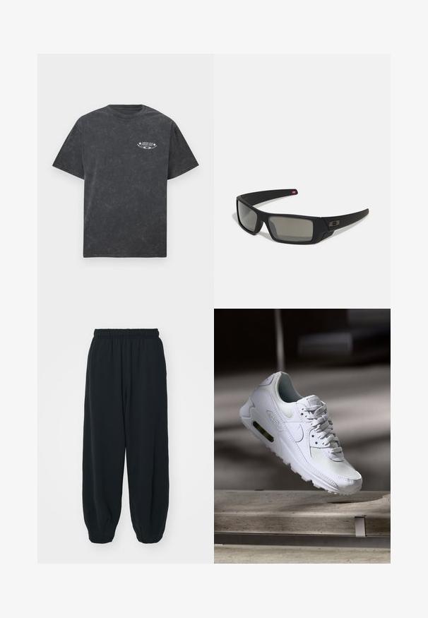 Söe halli lühikeste varrukatega T-särk, mille vasakul rinnal on väike valge "Nike SB" logo ja graafika.; Mustade elastse vöökoha ja laia lõikega dressipüksid, mansetiga sääred, sile tekstuur ning ilma nähtavate mustrite või detailideta.; Valged Nike Air Max 90 sneakers, millel on võrkkangast ja nahast ülemine osa, aukudega varbadosa ning nähtav õhuüksus kandades.; Mustad mustaga viimistlusega prillid, ristkülikukujulised läätsed, templite kerge kõverus, diskreetne logo detail ja suitsutatud läätsed.