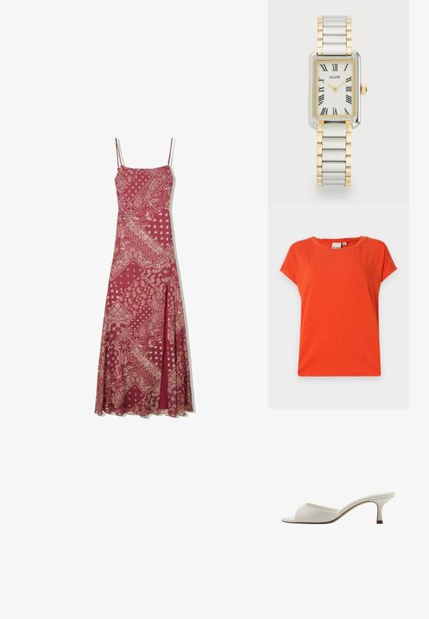 Kortærmet, rundhalset orange T-shirt lavet af blødt, tekstureret stof med en let løs pasform. Minimalistisk design, ingen mønstre eller accenter.; Lang burgunderkjole med spaghetti-stropper, prydet med et paisley-mønster i creme, en lige pasform og en forsvundet slids foran for lettere bevægelse.; Hvide åbne højhælede mules med en glat finish, minimalistisk design og en slank hæl, der har en subtil brun accent på sålen.; Cluse BELISSENA WATCH - Ure - silver-coloured/gold-coloured; Guldtonede hoopsøreringe med et snoet design, der har en ribbet tekstur og en glat overflade. Let og hul konstruktion.