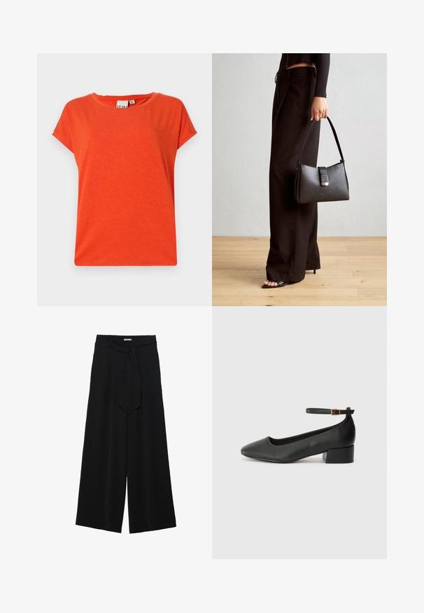 T-shirt laranja de manga curta e gola redonda, feito de um tecido suave e texturizado, com um corte ligeiramente solto. Design minimalista, sem padrões ou detalhes.; Calças largas pretas com um tecido texturizado, uma cintura elástica e um laço destacável na cintura para um ajuste ajustável.; Sandal de pele preta com bico pontiagudo e um salto bloco baixo. Apresenta uma tira no tornozelo com uma fivela em tom dourado. Textura suave.; Bolsa preta com forma estruturada, textura suave e um fecho metálico. Combinada com calças largas pretas e sandálias de salto aberto sobre um chão de madeira.