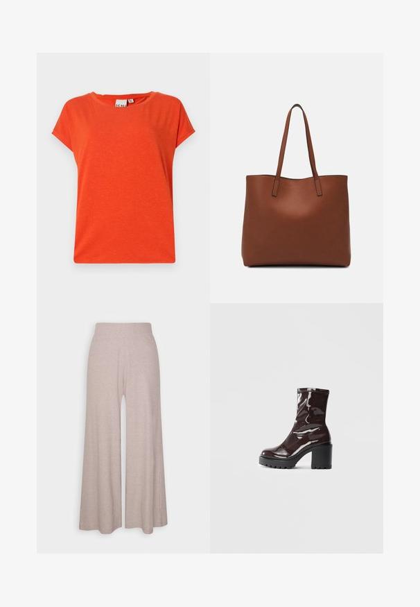 Tricou portocalie cu mânecă scurtă și gât rotund, realizat dintr-un material moale și texturat, cu un croi ușor lejer. Design minimalist, fără modele sau accente.; Pantaloni largi de culoare gri deschis, dintr-un material moale, cu textură în rilief, având un talie înaltă și picioare lungi, cu o textură subtilă.; Botine lucioase burgundy, cu toc gros negru, având o textură netedă și un design simplu. Fără închideri sau modele vizibile.; Geantă de umăr din piele maro cu o textură netedă, design cu vârf deschis și două curele pentru umăr. Prezintă cusături minime și fără componente metalice vizibile.