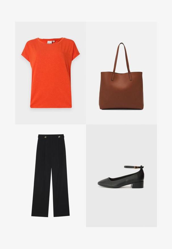 Short-sleeved, round-neck orange T-shirt made of soft, textured fabric with a slightly loose fit. Minimal design, no patterns or accents.; Black wide-leg trousers with high waist, button details on waistband, and front pleats.; Black leather pump with a pointed toe and a low block heel. Features an ankle strap with a gold-tone buckle. Smooth texture.; Brown leather tote bag with a smooth texture, open top design, and two shoulder straps. Features minimal stitching and no visible hardware.