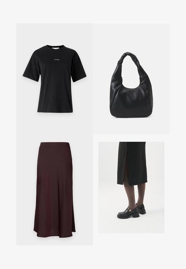 Mustapuidusta t-paita lyhyillä hihoilla, pyöreällä pääntiellä ja etupuolella valkoisella "FEMME" -painatuksella. Yksinkertainen, laatikkomainen muotoilu.; Burgundy satiini midi-hame, jossa on sileä pinta, suora leikkaus ja hieman levenevä helma. Ei näkyviä kuvioita tai varusteita.; Mustat nahkakengät pyöreällä kärjellä, paksulla lohkopohjalla ja joustavilla sivuakkesseilla, yhdistettynä tummiin sukkahousuihin ja mustaan hameeseen, jossa on halkio.; Mustavelhainen hobo-laukku, joka on valmistettu sileästä nahkamaa-aineesta, jossa on kierrätetty kahva. Laukku on pehmeän pyöreä muoto ja siinä on vetoketjulla suljettava yläosa.; Hopehope hopeilla, joissa on minimalistinen muotoilu. Pyöreä muoto, sileä pinta ja ohut profiili. Kevyet ja kiillotetut.