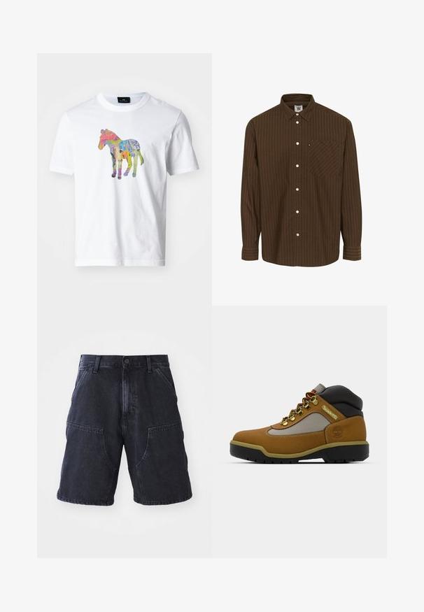 PS Paul Smith ZEBRA - Print T-shirt - white; Brown striped button-up shirt with a collared neck, long sleeves, and a chest pocket; features white buttons and a textured fabric.; Dark denim shorts featuring a straight cut, large front pockets, and a button closure; smooth texture and minimal stitching details.; Brown hiking boot with gray and black accents, textured leather upper, metal eyelets, and a rugged rubber sole for traction.